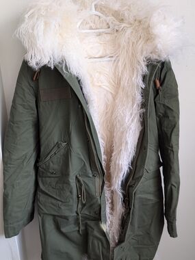 Olive Green Parka Coat with Cream Real Shearling Lining